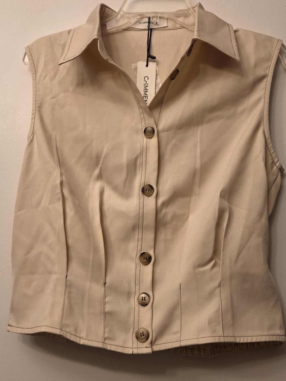 Commense Sleeveless Button-Down Top in Beige